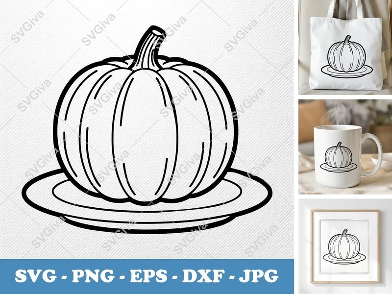Pumpkin SVG | Modern Clean Design, Outline, Plate | PNG EPS DXF for Cricut, Silhouette, Fall Craft