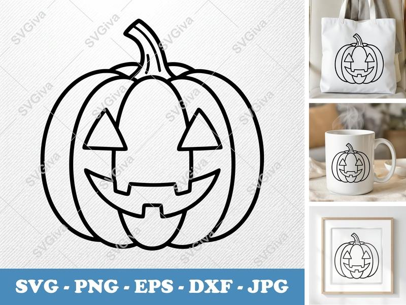 Pumpkin with Smiling Face SVG PNG DXF EPS | Halloween Jack-o'-lantern Cut File Cricut Silhouette