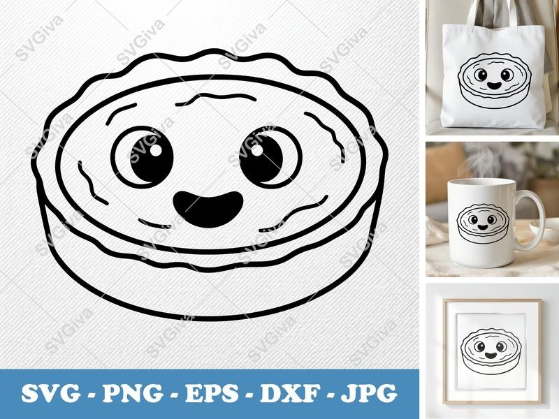 Quiche Lorraine Kawaii SVG | Cute Food Line Art PNG EPS DXF | Cricut Silhouette File | Outline Clipart Vector Digital Download