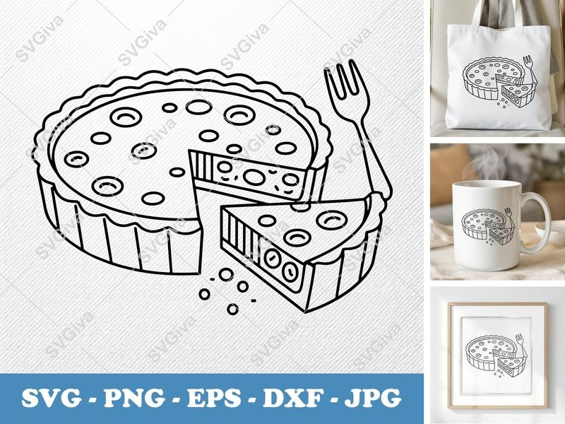 Quiche SVG, Whole & Sliced Quiche with Fork, Modern Clean Design | PNG EPS DXF for Cricut & Silhouette