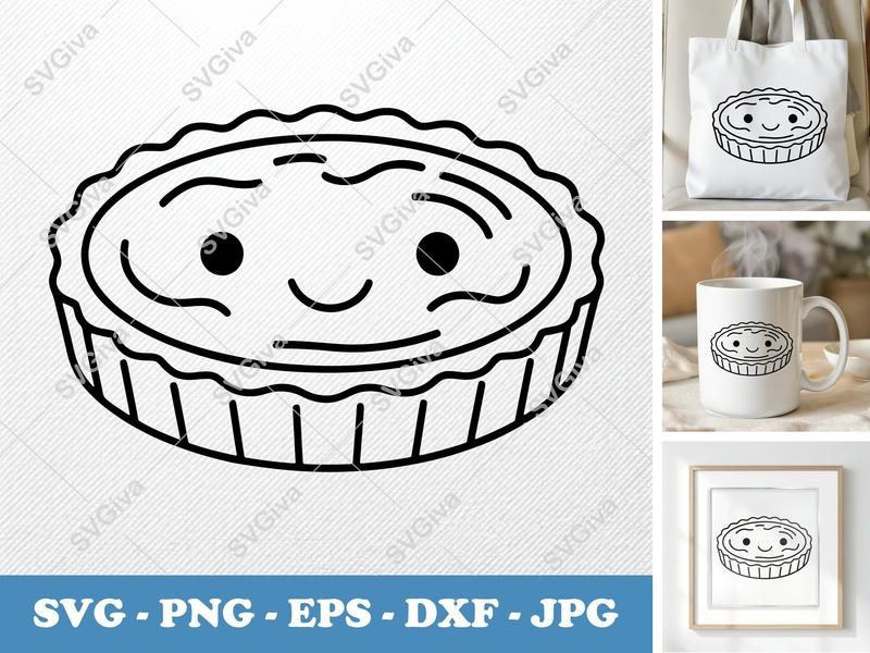 Quiche with smiling face SVG | Kawaii Minimalist Cut File | Bold Black Contour, Clean White Fill | PNG, DXF, EPS for Cricut & Silhouette