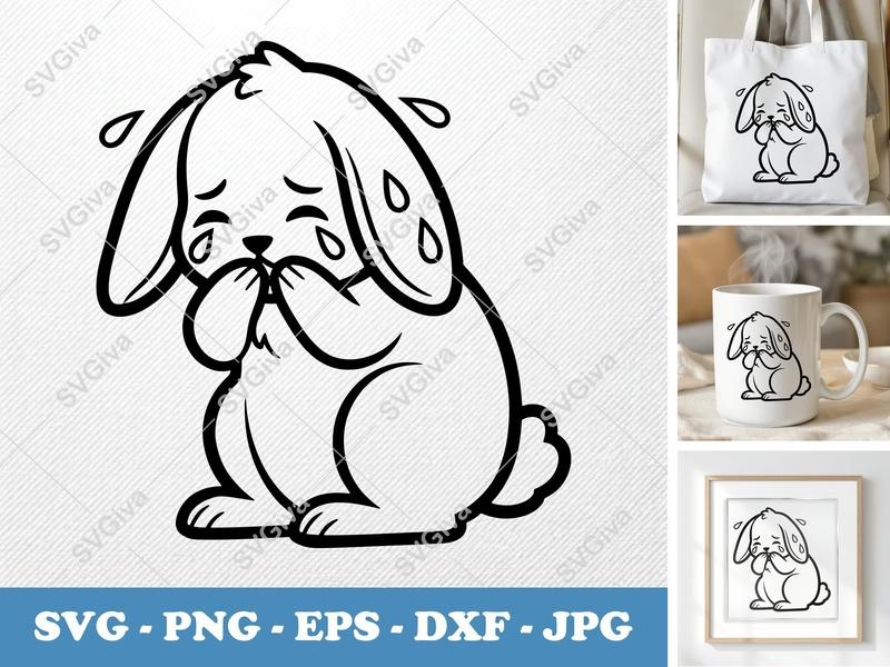 Rabbit Crying SVG | Double-Outline Minimalist Design | Thick Contour, Thin Lines | Clean Balance | PNG DXF EPS | Cricut Silhouette