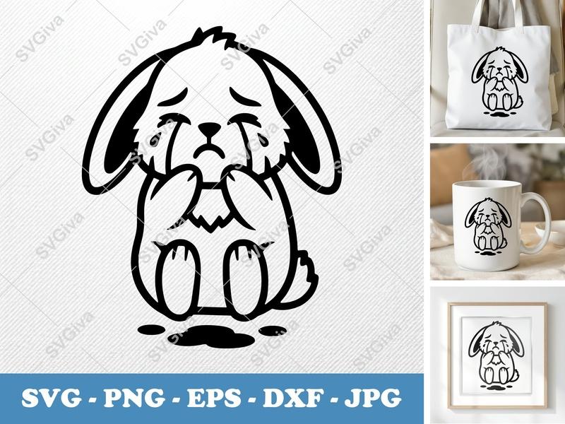 Rabbit Crying SVG | Sad Bunny PNG EPS DXF | Cute Animal Cut File for Cricut, Silhouette | Modern Cartoon Vector