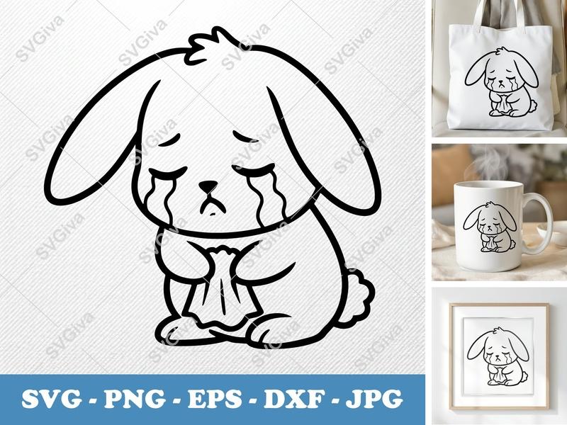Rabbit Crying SVG, Sad Bunny PNG, Modern Clean Design EPS DXF for Cricut & Silhouette, Kawaii Animal Cut File