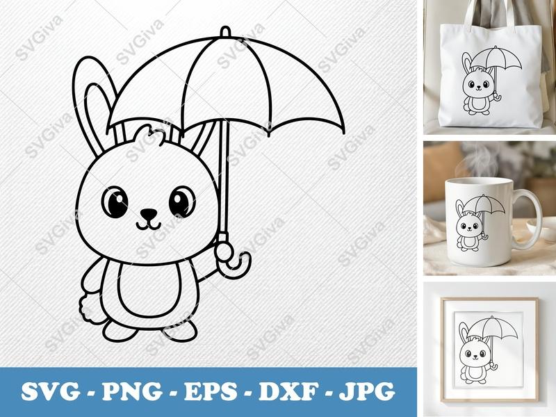 Rabbit Holding Umbrella SVG | Friendly Bean-Shaped Cut File | PNG DXF EPS | Cricut Silhouette Design