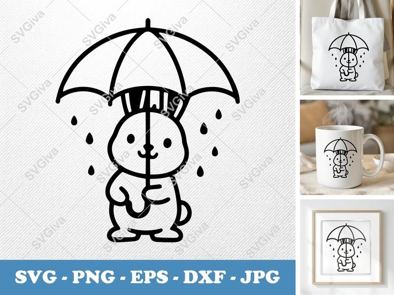 Rabbit Holding Umbrella SVG | Minimalist Bold Contour Cut File | PNG DXF EPS for Cricut Silhouette