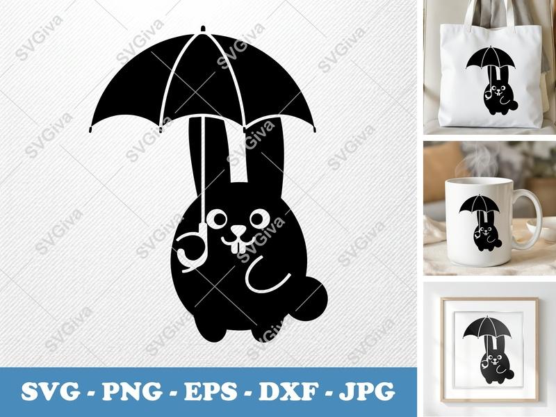 Rabbit Holding Umbrella SVG PNG DXF EPS | Cricut Silhouette Cut File | Cute Animal Vector Art