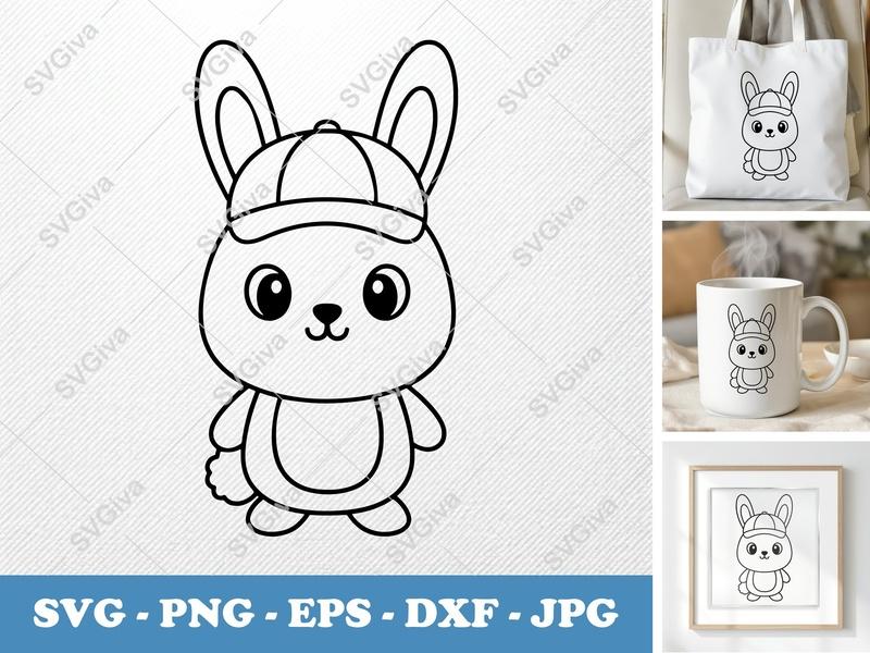 Rabbit in a Cap SVG | Friendly Rounded Body Bean-Shaped Cut File | PNG DXF EPS | Cricut Silhouette