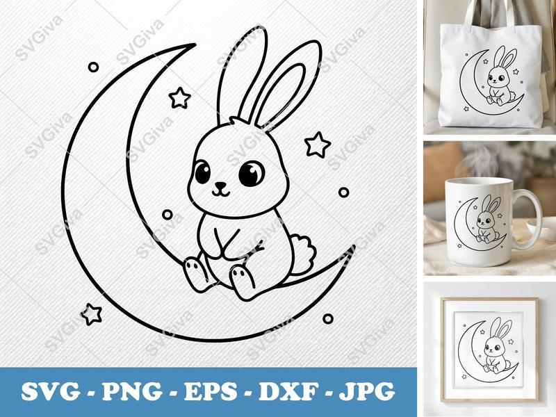 Rabbit on Moon SVG, Friendly Rounded Bean-Shaped Forms, PNG DXF EPS, Cricut Silhouette