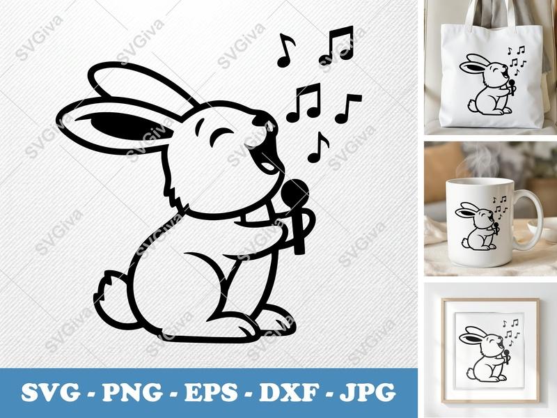 Rabbit Singing SVG, Cute Music Bunny PNG, EPS, DXF | Cricut & Silhouette Cut File | Modern Animal Clipart