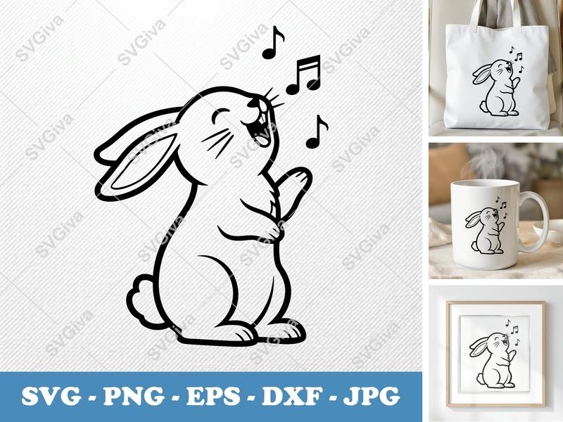 Rabbit Singing SVG | Double Outline Minimalist Design | PNG DXF EPS | Cricut Silhouette Cut File