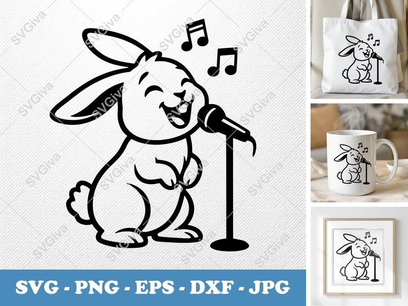 Rabbit Singing SVG, Friendly Rounded Bean-Shaped Cut File | PNG DXF EPS for Cricut & Silhouette