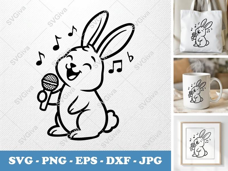 Rabbit Singing SVG | Minimalist Cartoon Cut File | Bold Contour PNG DXF EPS for Cricut Silhouette