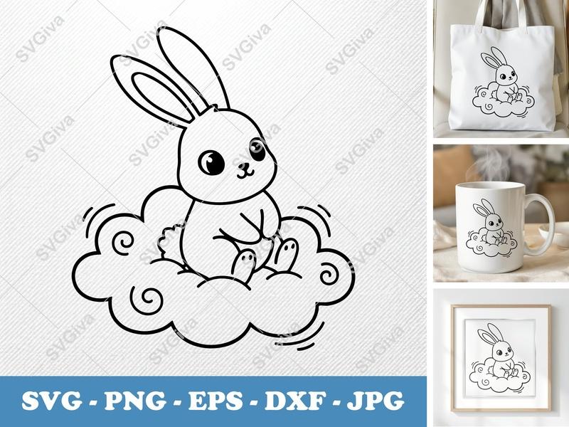 Rabbit Sitting on Cloud SVG | Cute Rounded Friendly Bean-Shaped Cut File | PNG DXF EPS for Cricut Silhouette