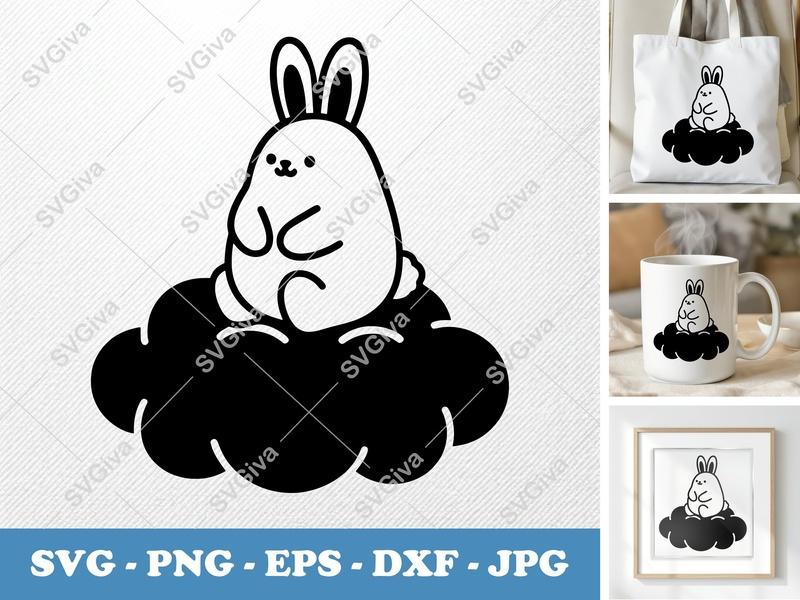 Rabbit Sitting on Cloud SVG | Puffy Pillow Soft Shapes | PNG DXF EPS | Cricut Silhouette Cut File