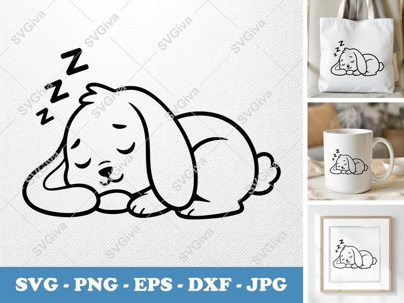 Rabbit Sleeping SVG, Cute Bunny Sleep PNG, EPS, DXF | Modern Animal Cut File for Cricut, Silhouette, Baby Nursery Decor