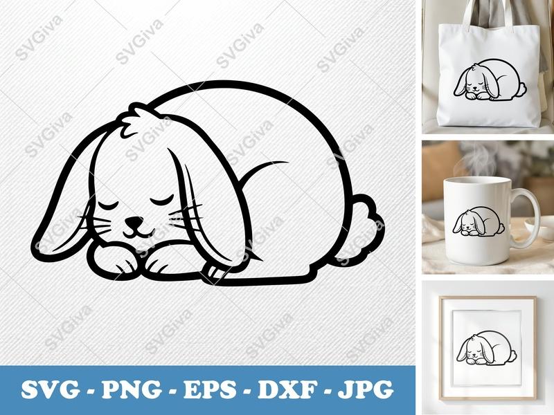 Rabbit Sleeping SVG | Cute Double-Outline Minimalist Design | PNG DXF EPS | Cricut Silhouette File