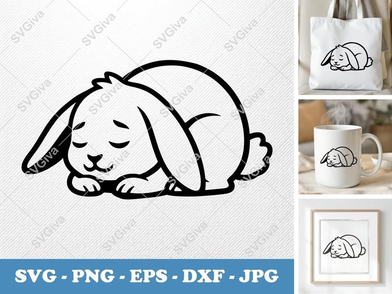 Rabbit Sleeping SVG | Rounded Bean Body Cut File | Friendly Bunny PNG DXF EPS for Cricut Silhouette