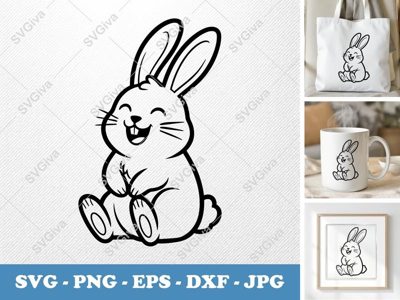 Rabbit Smiling Happily SVG | Double-Outline Cartoon Cut File | Thick Contour Thin Lines | PNG DXF EPS for Cricut Silhouette