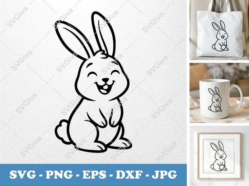 Rabbit Smiling Happily SVG | Minimalist Contour Cut File for Cricut, Silhouette | PNG DXF EPS Vector