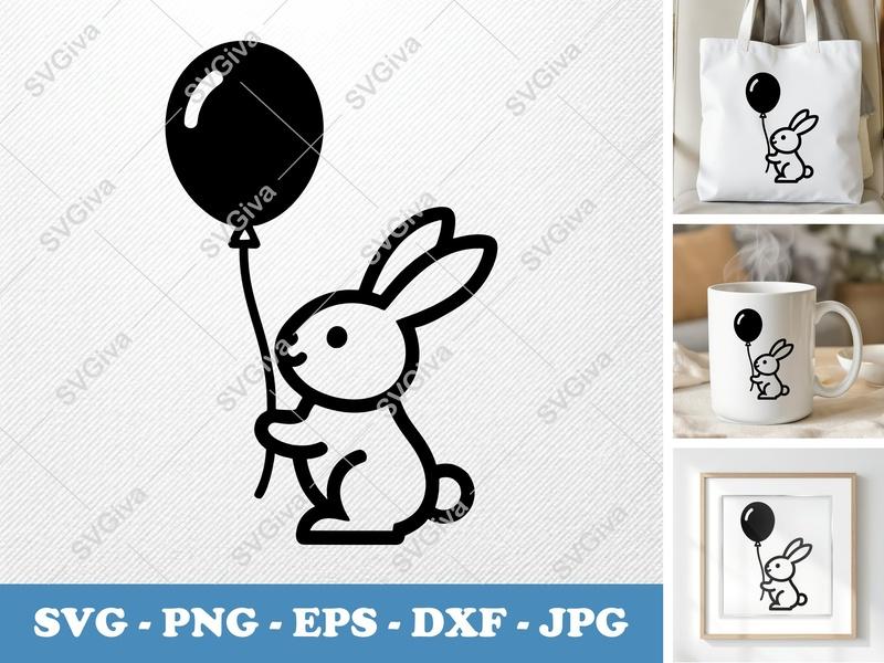 Rabbit SVG, Balloon Cut File, Modern Bunny PNG, EPS, DXF for Cricut & Silhouette, Cute Animal Vector, Digital Download