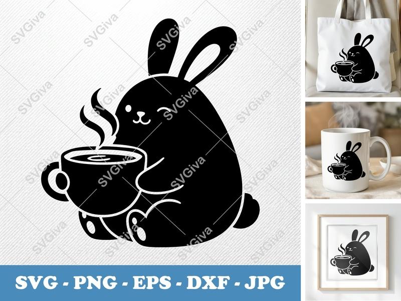 Rabbit SVG, Coffee Mug Bunny Cut File, Cute Animal PNG, EPS, DXF for Cricut & Silhouette, Modern Kawaii Design