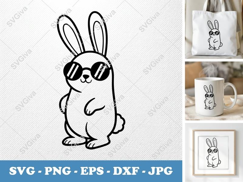 Rabbit SVG | Cool Bunny with Sunglasses Cut File | Modern Animal Design | PNG EPS DXF for Cricut & Silhouette