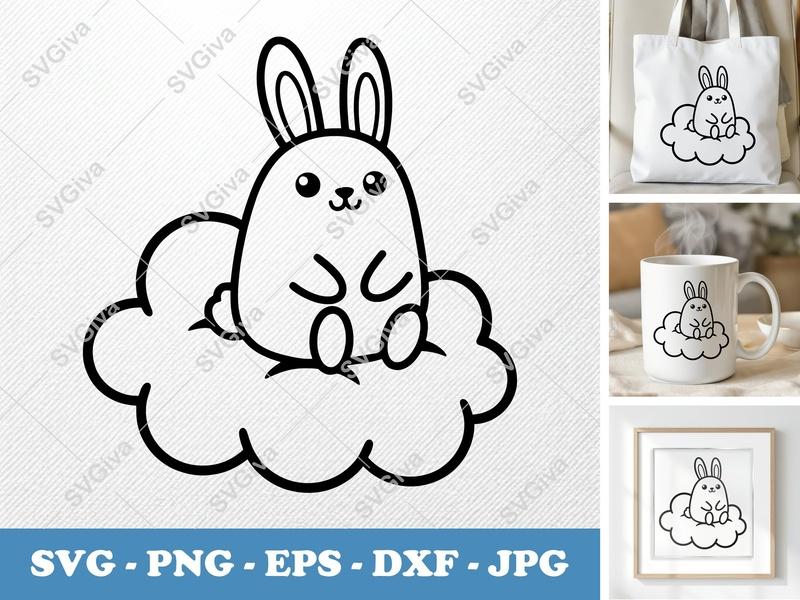 Rabbit SVG | Cute Bunny on Cloud Cut File, Kawaii Animal Art | PNG EPS DXF for Cricut, Silhouette, Digital Download