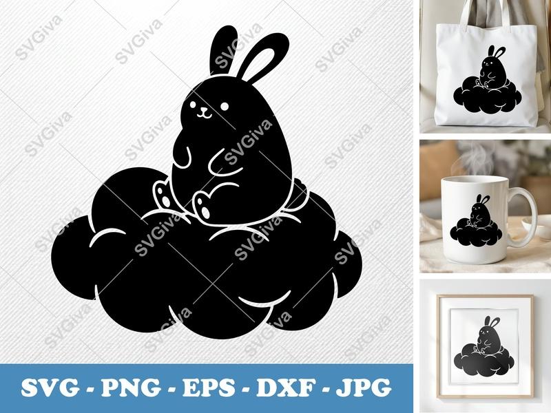 Rabbit SVG, Cute Bunny on Cloud Cut File, Modern Animal Clipart, PNG EPS DXF for Cricut, Silhouette, Digital Download