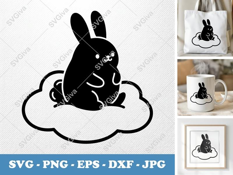 Rabbit SVG | Cute Bunny on Cloud, Modern Animal Cut File for Cricut & Silhouette | PNG, EPS, DXF Included