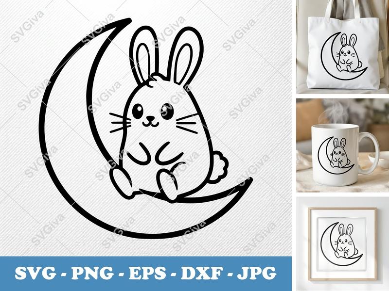 Rabbit SVG, Cute Bunny on Moon Clipart, Modern Easter Animal Cut File, PNG, EPS, DXF for Cricut & Silhouette
