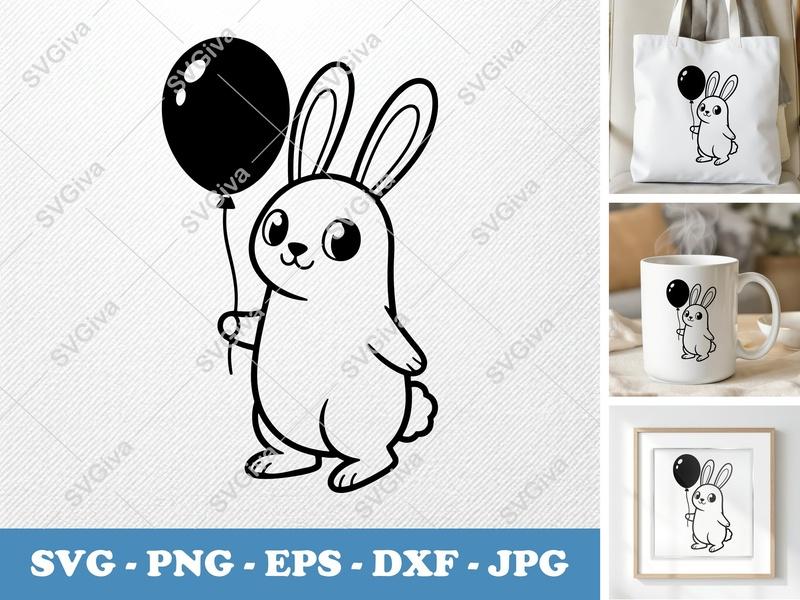 Rabbit SVG, Cute Bunny with Balloon Cut File, Easter Animal Clipart PNG EPS DXF for Cricut & Silhouette, Kids Craft Design