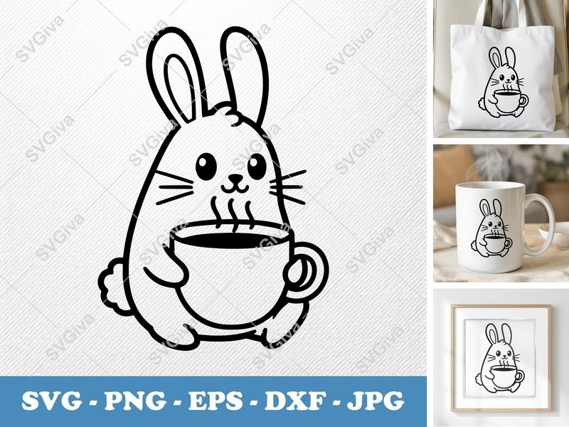 Rabbit SVG, Cute Bunny with Coffee Cup, Animal Lover Design | PNG EPS DXF for Cricut, Silhouette, Digital Download