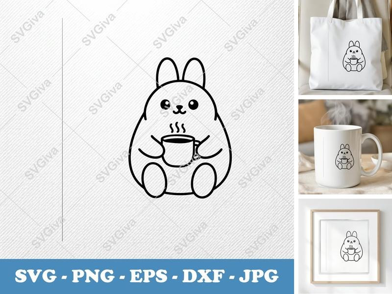 Rabbit SVG | Cute Bunny with Coffee Cup | Kawaii Animal Cut File | PNG EPS DXF for Cricut, Silhouette, Vinyl Decal