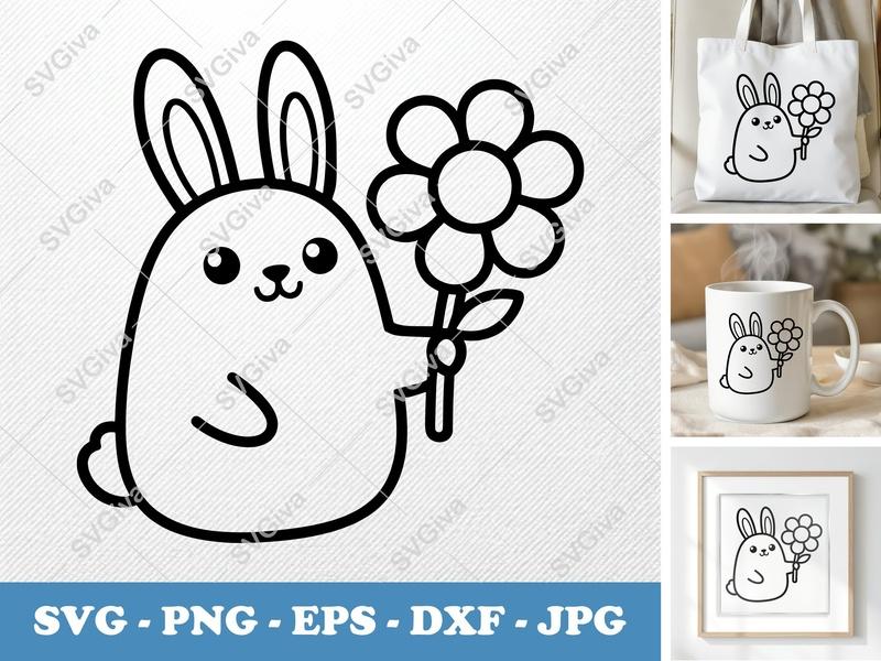 Rabbit SVG, Cute Bunny with Flower, Kawaii Animal Art, PNG EPS DXF | Cricut & Silhouette Cut File, Modern Clean Line Art