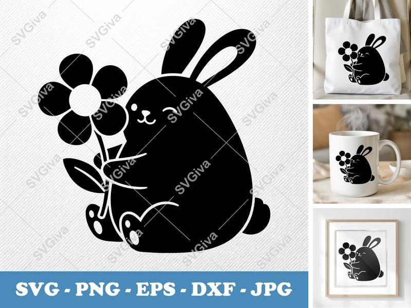 Rabbit SVG, Cute Bunny with Flower, Modern Clean Design, PNG EPS DXF, Cricut Silhouette File, Easter Spring Animal Clipart