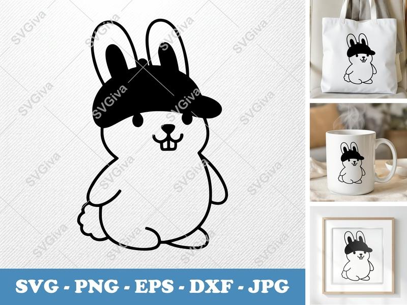 Rabbit SVG, Cute Bunny with Hat Cut File, Modern Animal Clipart | PNG EPS DXF for Cricut, Silhouette