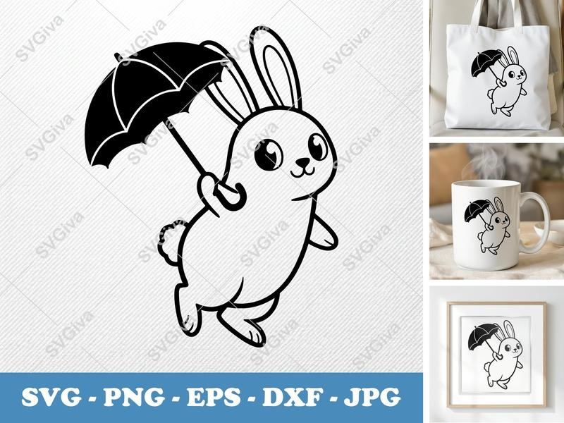 Rabbit SVG, Cute Bunny with Umbrella, Cartoon Animal Clip Art, PNG EPS DXF | Cricut Silhouette Cut File