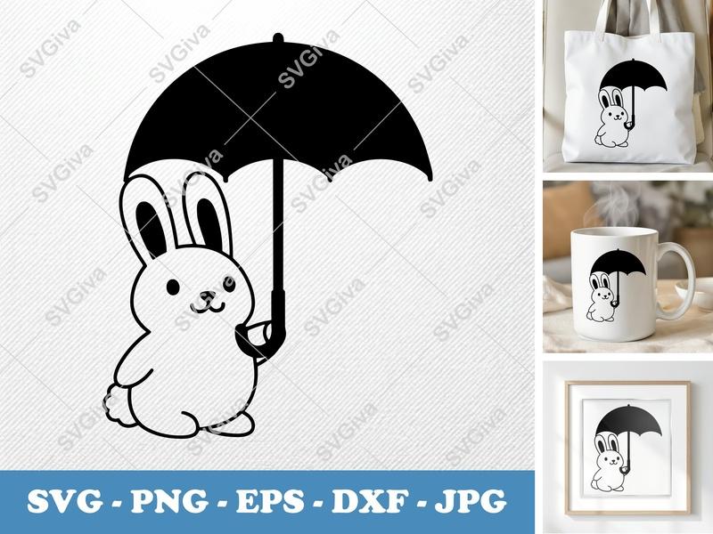 Rabbit SVG, Cute Bunny with Umbrella Cut File, Modern Animal Clip Art | PNG EPS DXF for Cricut, Silhouette, Kids Crafts