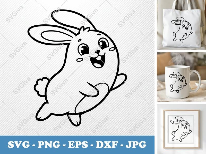 Rabbit SVG | Cute Cartoon Bunny Cut File for Cricut | Happy Rabbit PNG, EPS, DXF | Kawaii Animal Vector for Silhouette