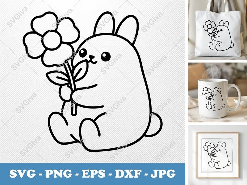 Rabbit SVG Flower Cut File | Cute Bunny Clipart, Modern Clean Design | PNG, EPS, DXF for Cricut & Silhouette