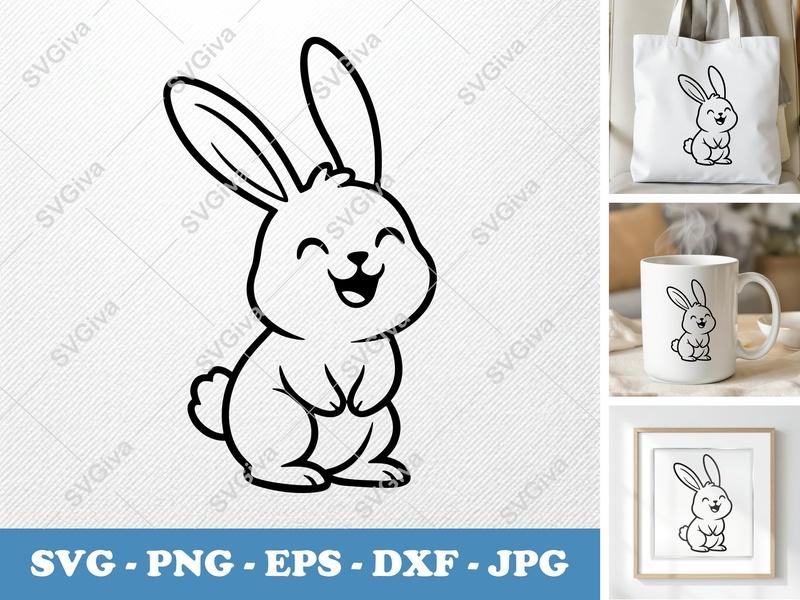 Rabbit SVG, Happy Bunny Cut File, Cute Animal PNG EPS DXF | Cricut Silhouette Vector Art, Kids Craft Design