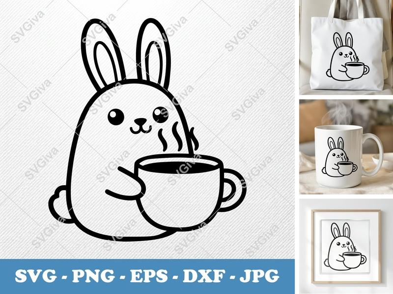 Rabbit SVG, Kawaii Bunny with Coffee Cup, Cute Animal Clip Art, PNG EPS DXF | Cricut Silhouette Cut File