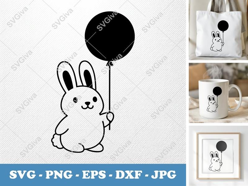 Rabbit SVG, Modern Bunny with Balloon Cut File | PNG EPS DXF for Cricut, Silhouette | Cute Animal Vector Art