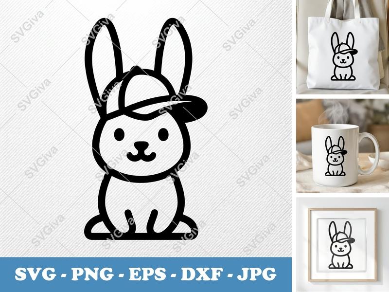Rabbit SVG, Modern Bunny with Cap Cut File | PNG EPS DXF | Cute Animal Clipart for Cricut, Silhouette, Digital Download