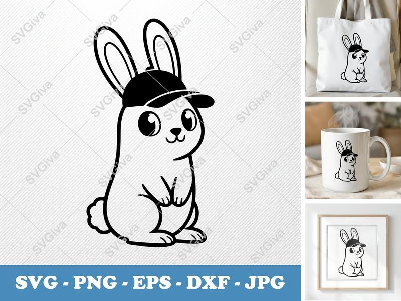 Rabbit SVG, Modern Clean Bunny with Hat, Cute Animal Cut File PNG EPS DXF for Cricut & Silhouette, Digital Download