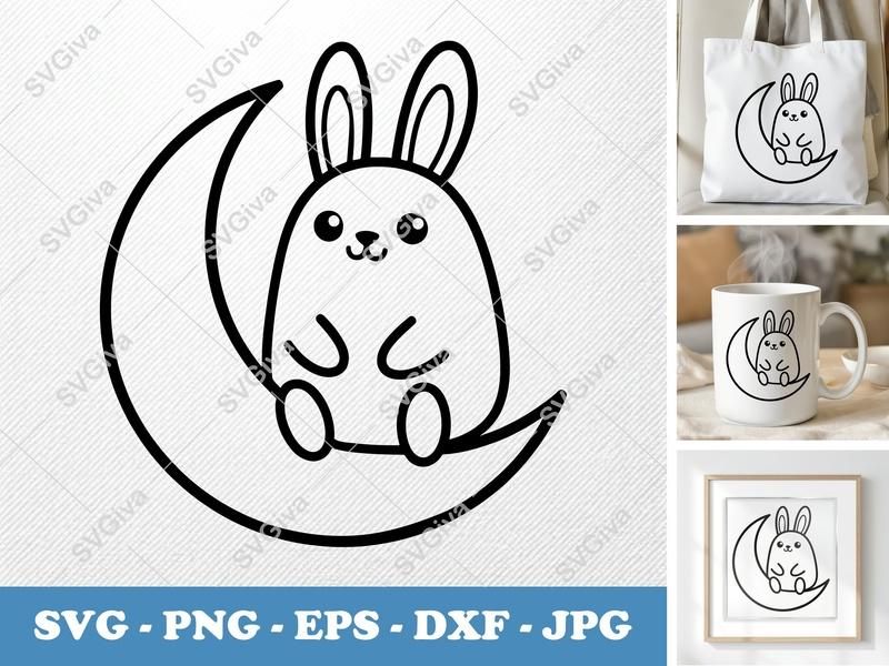 Rabbit SVG Moon Cut File | Kawaii Cute Bunny Clipart | PNG EPS DXF for Cricut Silhouette Vinyl Decal Nursery Decor