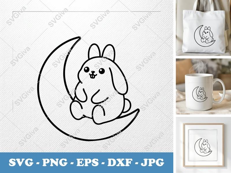 Rabbit SVG Moon Outline, Cute Bunny Clipart, Modern Animal Design | PNG EPS DXF for Cricut, Silhouette