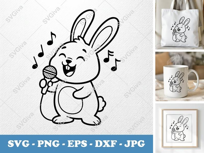 Rabbit SVG, Singing Bunny Cut File, Happy Character | PNG EPS DXF | Cricut Silhouette Design, Musical Animal Clipart