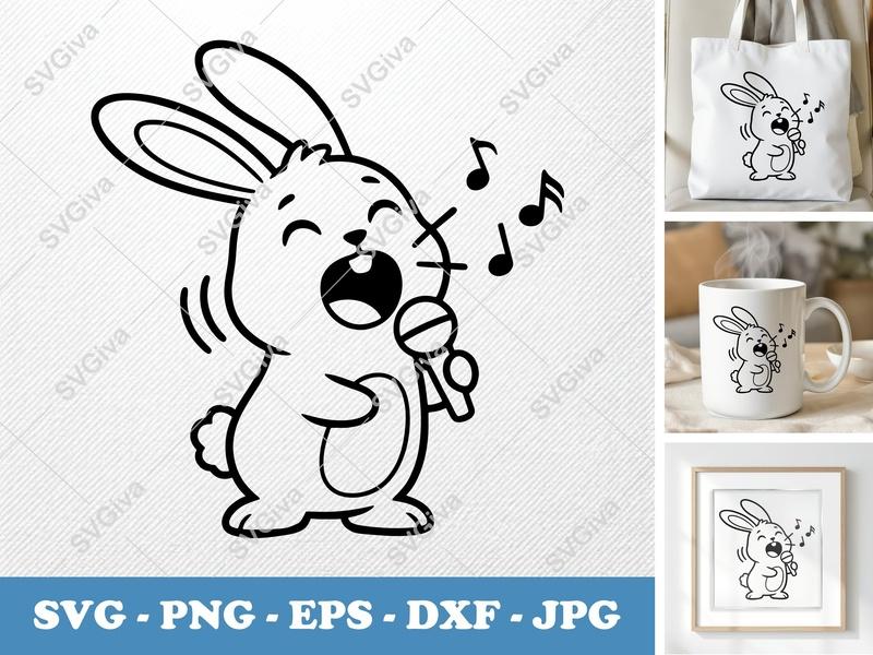 Rabbit SVG, Singing Bunny Cut File, Music Notes PNG, EPS, DXF | Cute Animal Clipart for Cricut & Silhouette